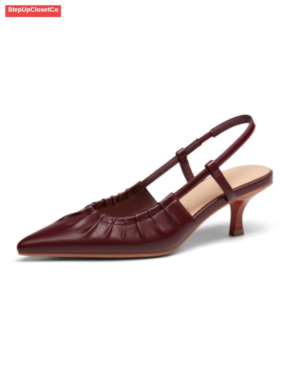 Women Slingback Kitten Heels Pointed Toe Pleated Dress Shoes Faux Leather